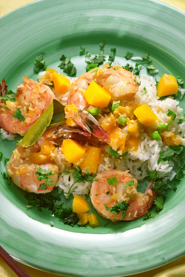 Curried Shrimp with Fried Plantain and Mango Chutney