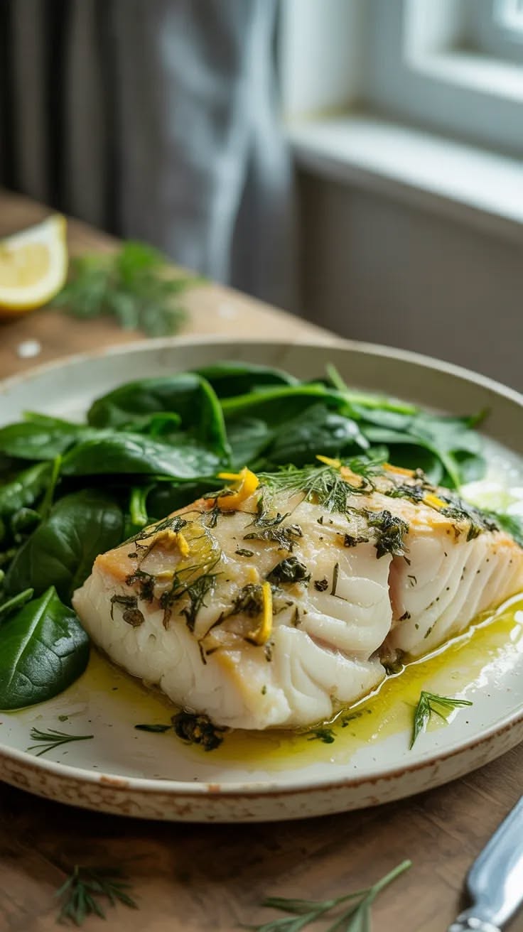 Baked Lemon-Rosemary Cod with Garlic Wilted Spinach