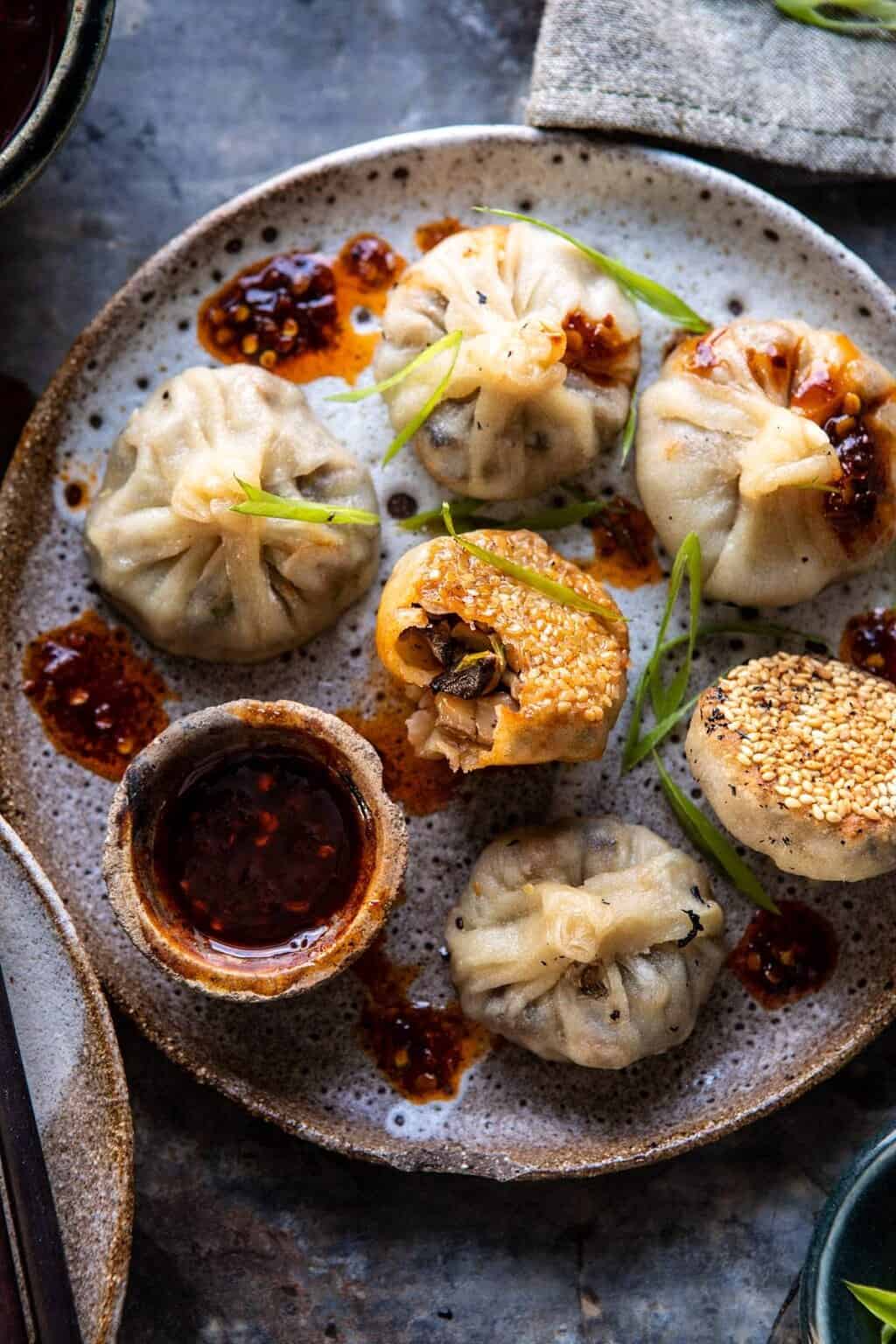 Crispy Mushroom & Napa Cabbage Dumplings with Chili-Garlic Sauce