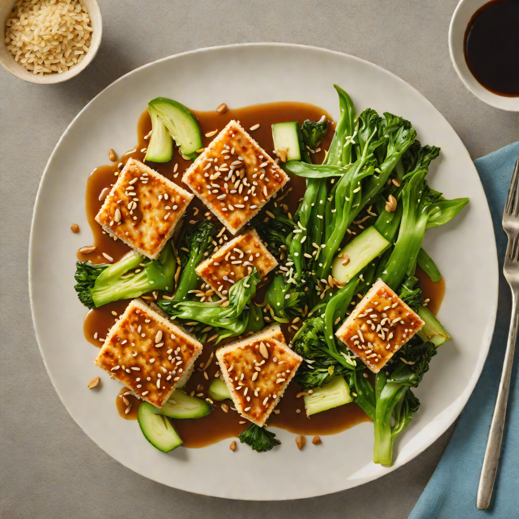 Pan-Fried Tofu with Ginger-Sesame Glaze and Stir-Fried Bok Choy