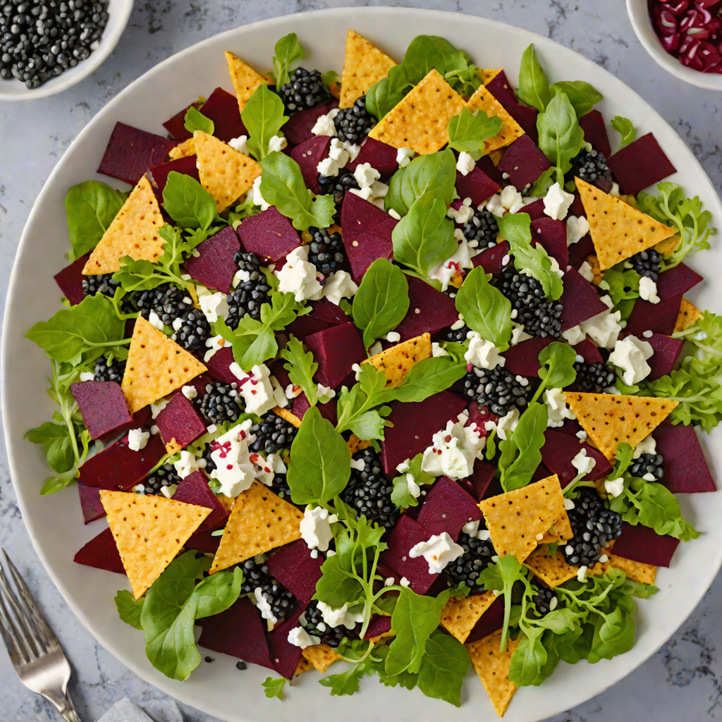 Layered Red Beet and Whipped Feta Salad with Blue Corn Chips