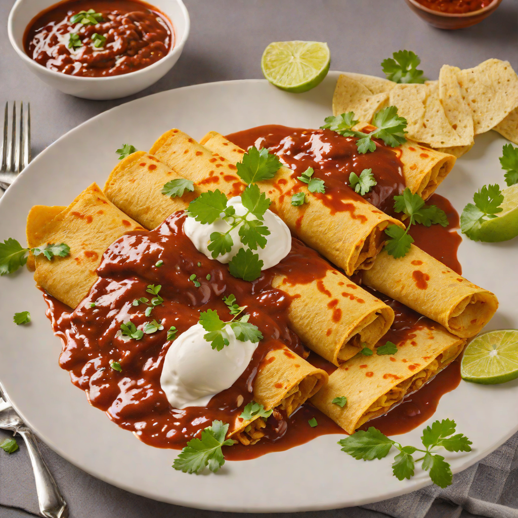 Stewed Chicken Enchiladas with Red Mole Sauce and Quesillo