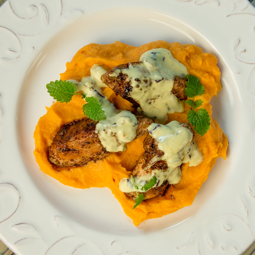 Herb-Crusted Chicken with Sweet Potato Mash