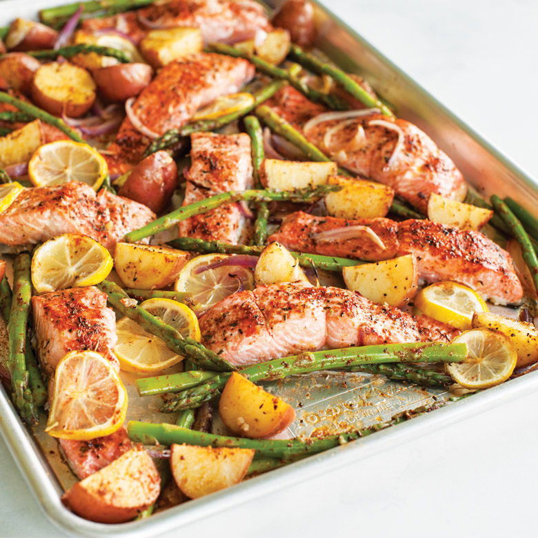 Sheet Pan Fourth-Inch Herb-Crusted Salmon with Roasted Vegetables
