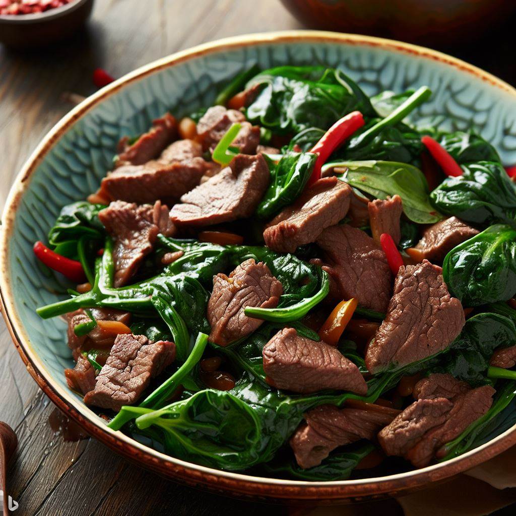 Wok-Tossed Stir Fry of Beef, Water Spinach, and Garlic