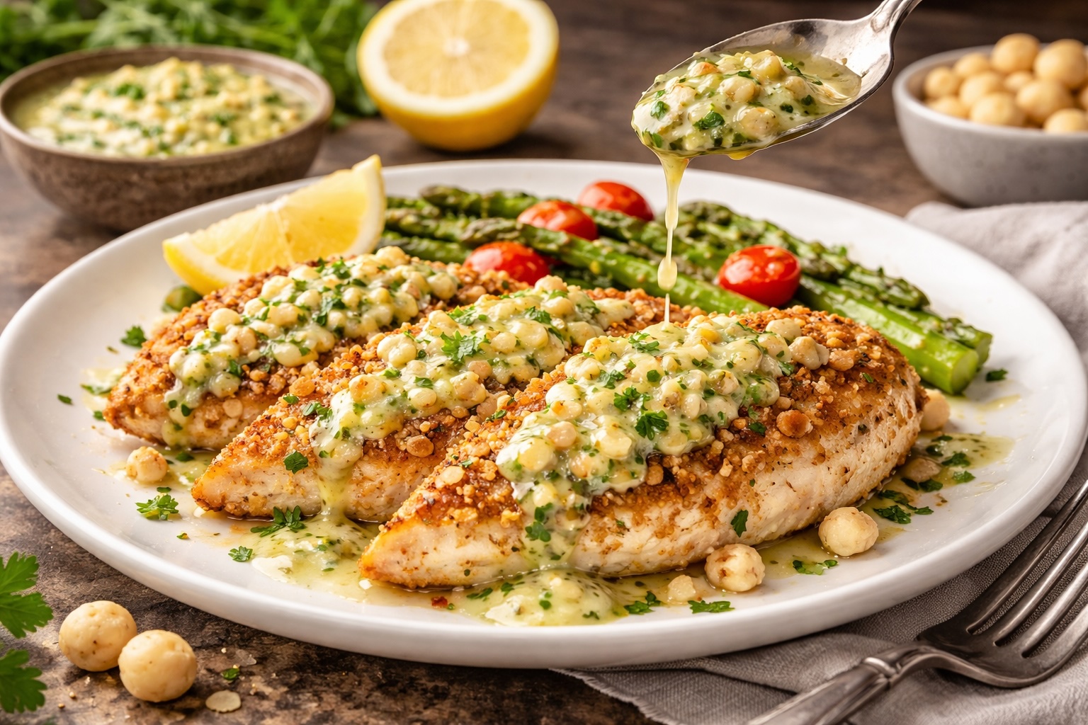 Macadamia-Crusted Chicken with Wattleseed Aioli and Roasted Vegetables