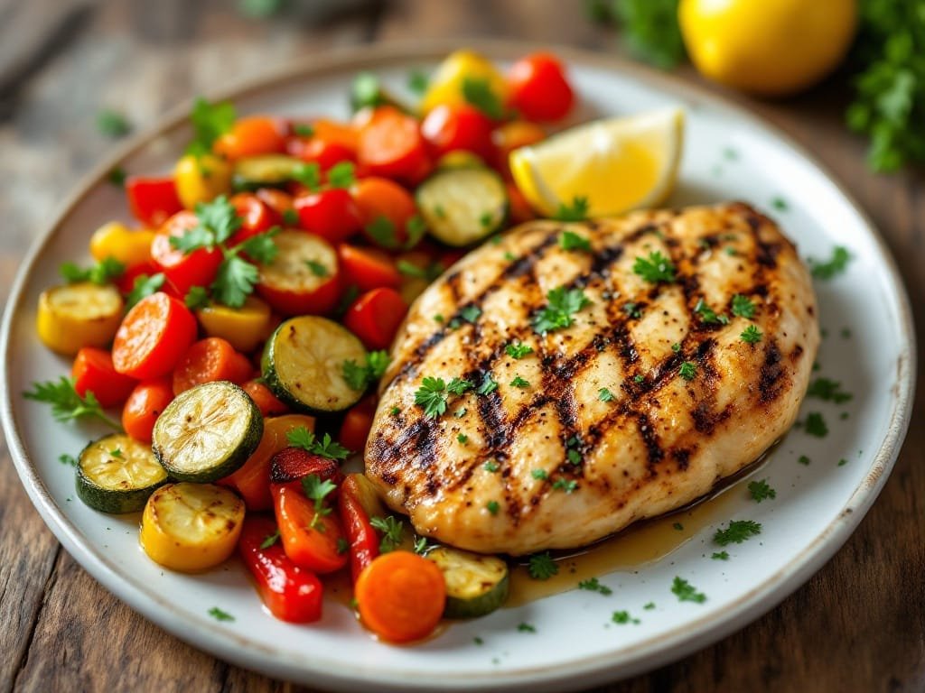 Grilled Lemon-Thyme Chicken with Roasted Vegetable Medley