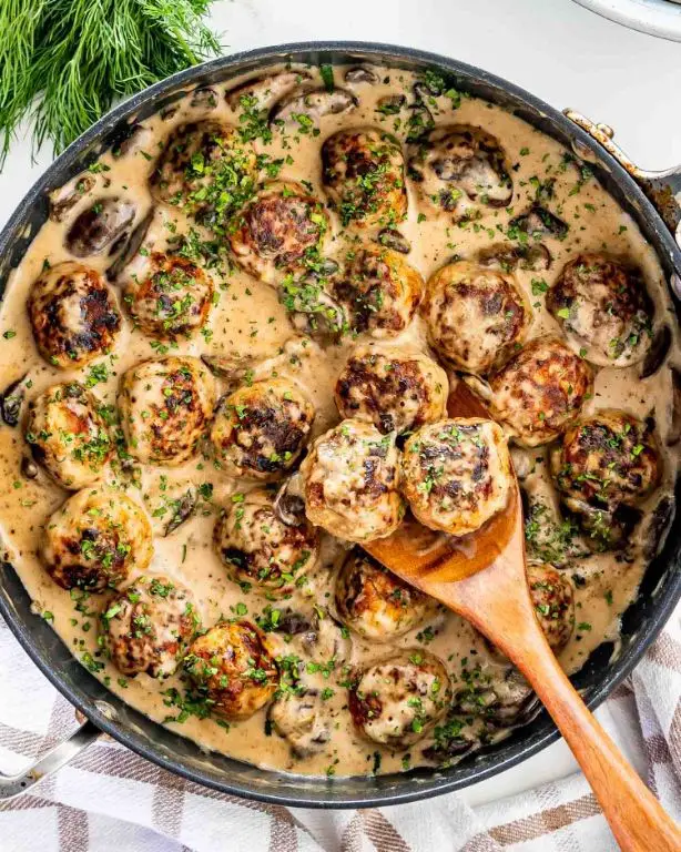 Cheddar-Stuffed Meatballs in Creamy Mushroom Sauce