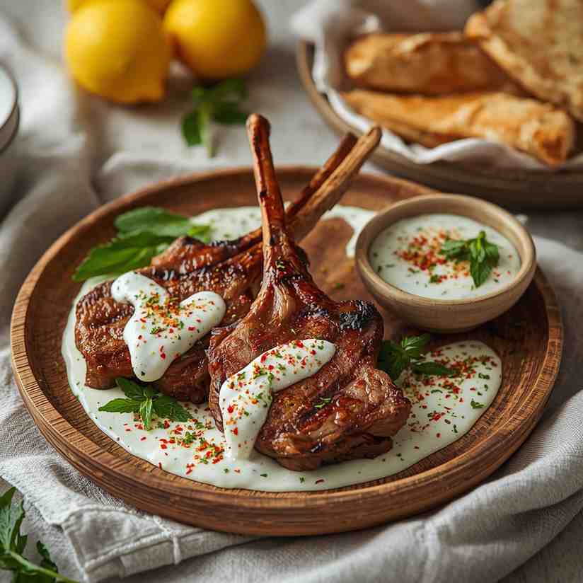 Lemon-Garlic Roasted Lamb Chops with Rosemary and Mint Yogurt Sauce