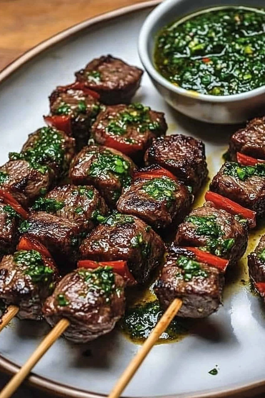 Skewered Fire-Roasted Beef with Chimichurri Sauce