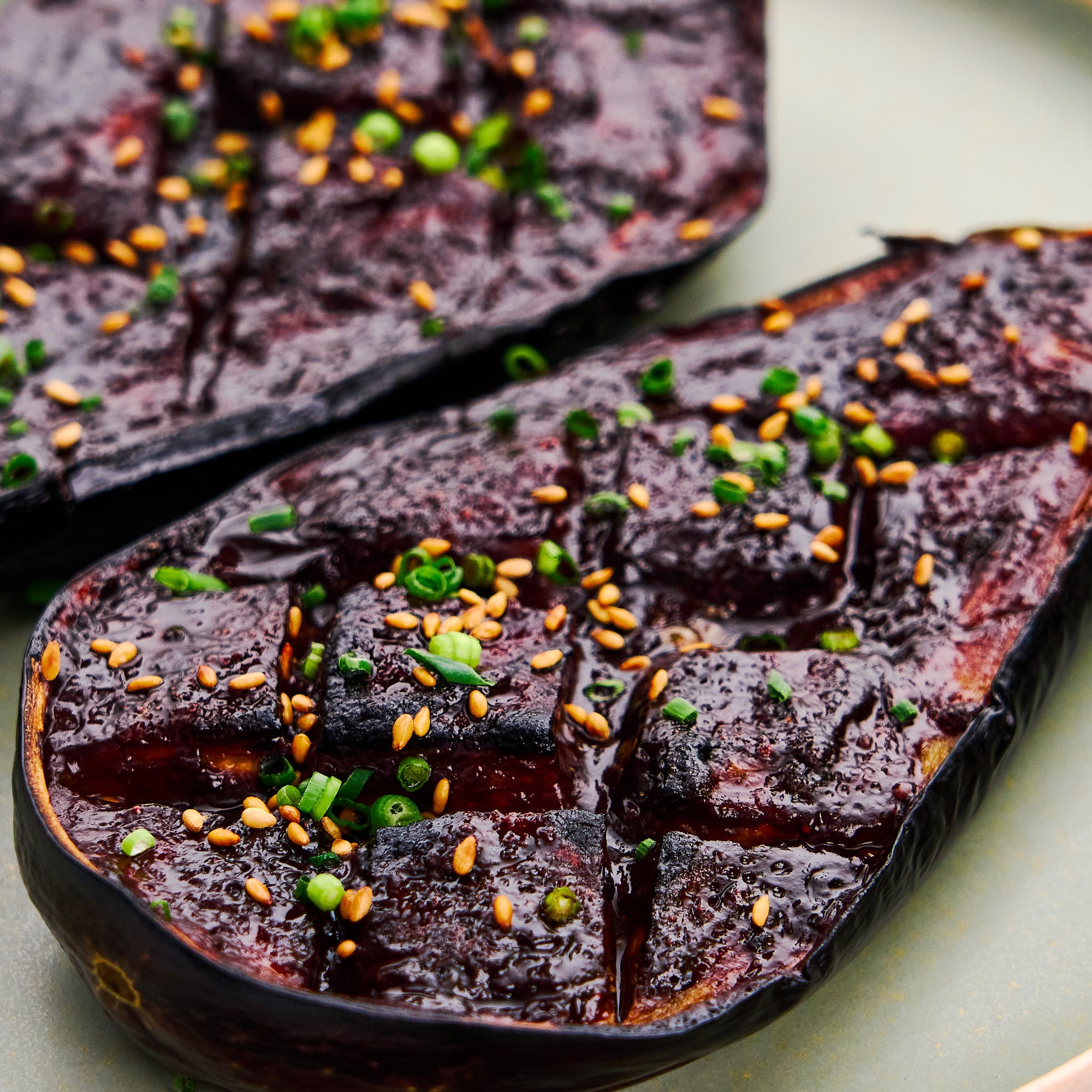 Pan-Seared Miso-Glazed Eggplant with Okinawan Sweet Potato Mash