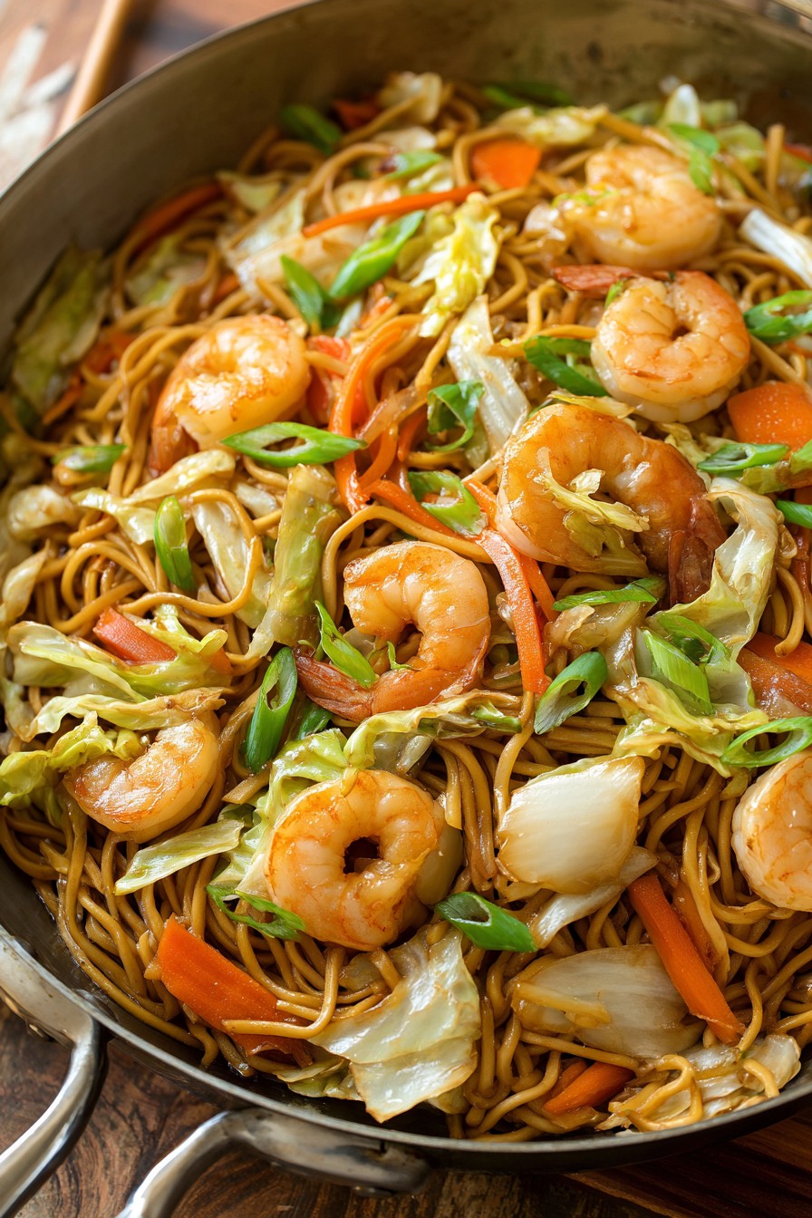 Stir-Fried Wonton Noodles with Shrimp and Choy Sum
