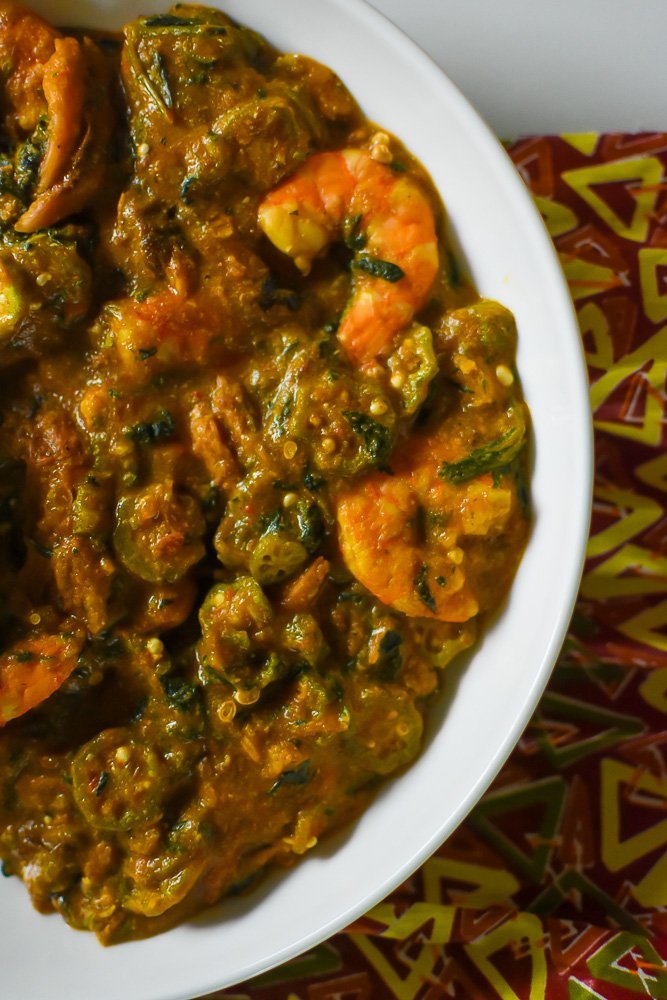 Okra and Palm Oil Nigerian Soup with Shrimp and Spinach