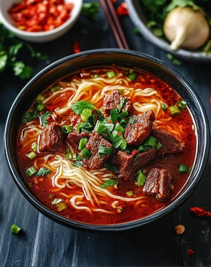 Spicy Asian Beef Noodle Soup with Ginger and Scallions