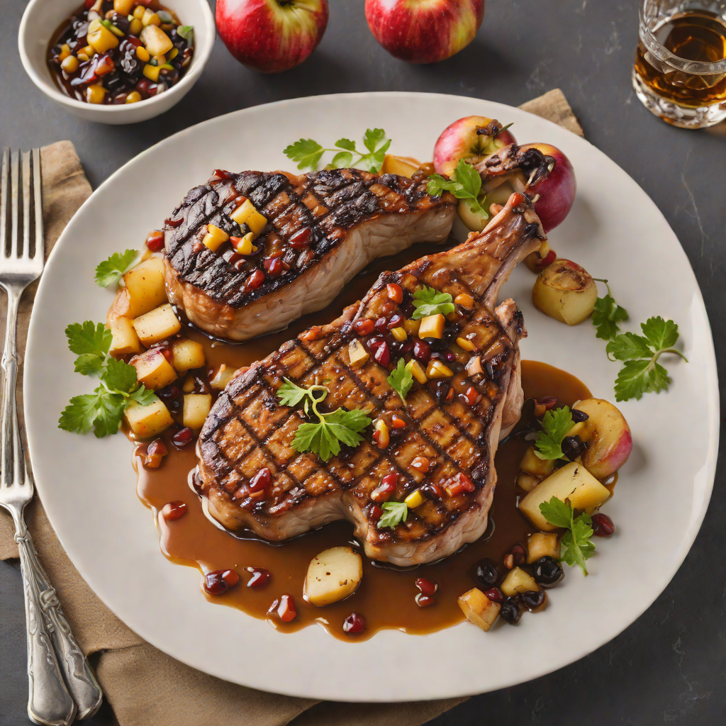 Oak-Aged Bourbon Glazed Pork Chops with Charred Apple Relish