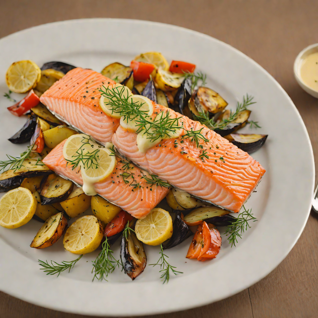 Pan-Seared Salmon with Lemon Dill Sauce and Roasted Vegetables
