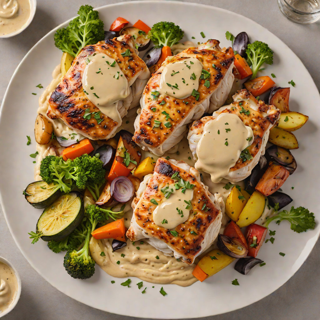 Pan-Seared Chicken Thighs with Roasted Vegetables and Garlic-Tahini Sauce