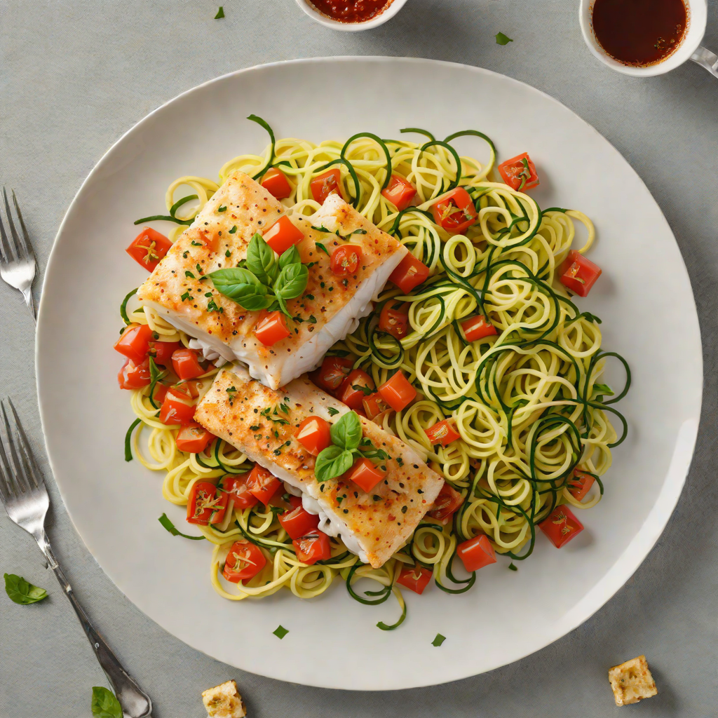 Baked Cod with Tomato-Basil Sauce and Zucchini Noodles