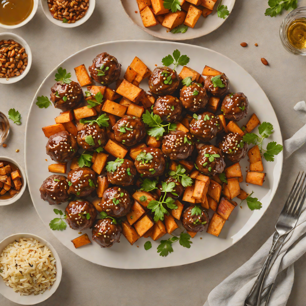 Sheet Pan Honey-Soy Glazed Meatballs with Roasted Sweet Potatoes
