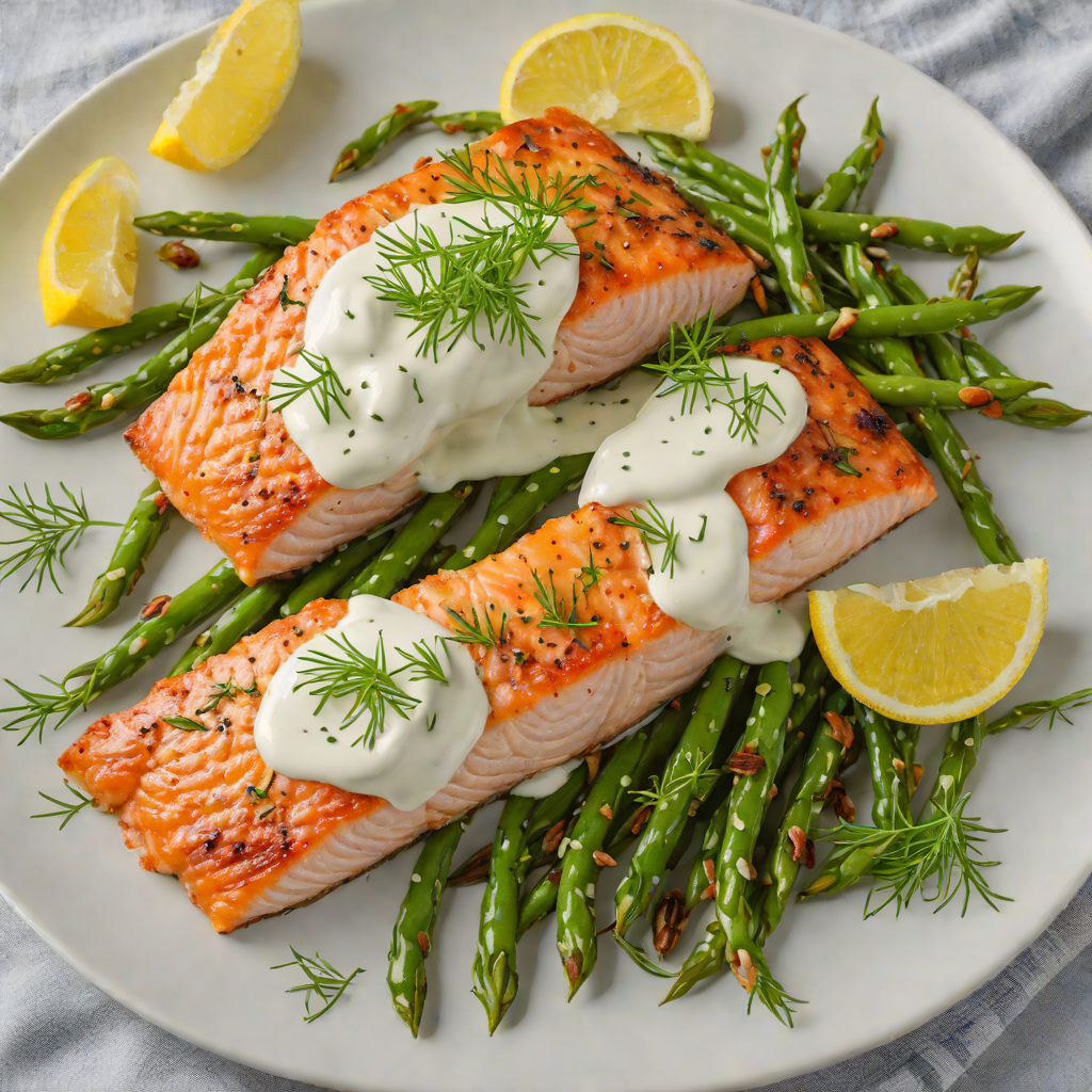 Pan-Fried Salmon with Lemon-Dill Yogurt Sauce and Garlic Green Beans