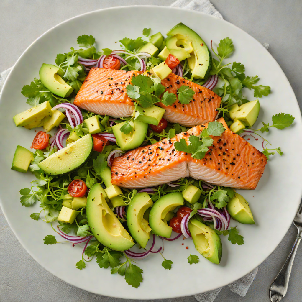 Pan-Seared Salmon with Avocado-Cilantro Salad and Lime Vinaigrette