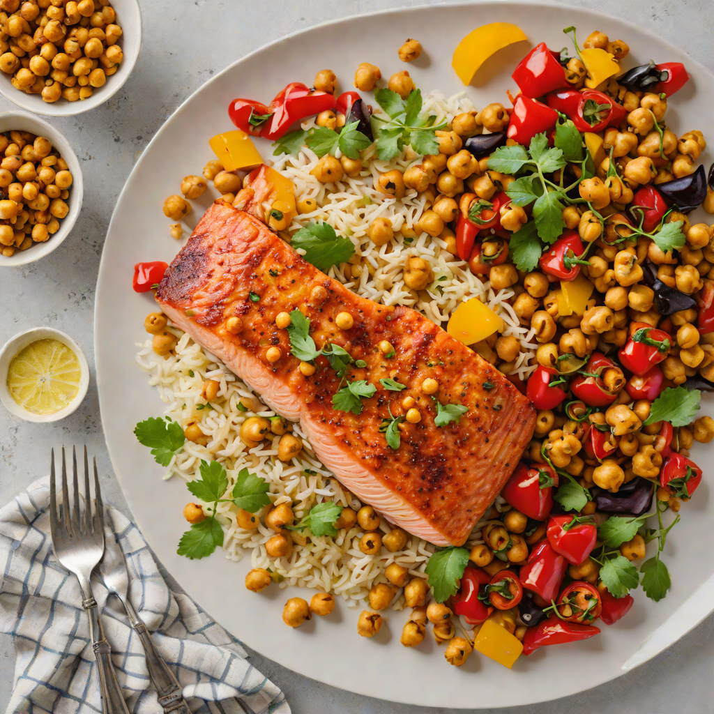 Sheet Pan Harissa-Spiced Salmon with Roasted Chickpeas and Bell Peppers