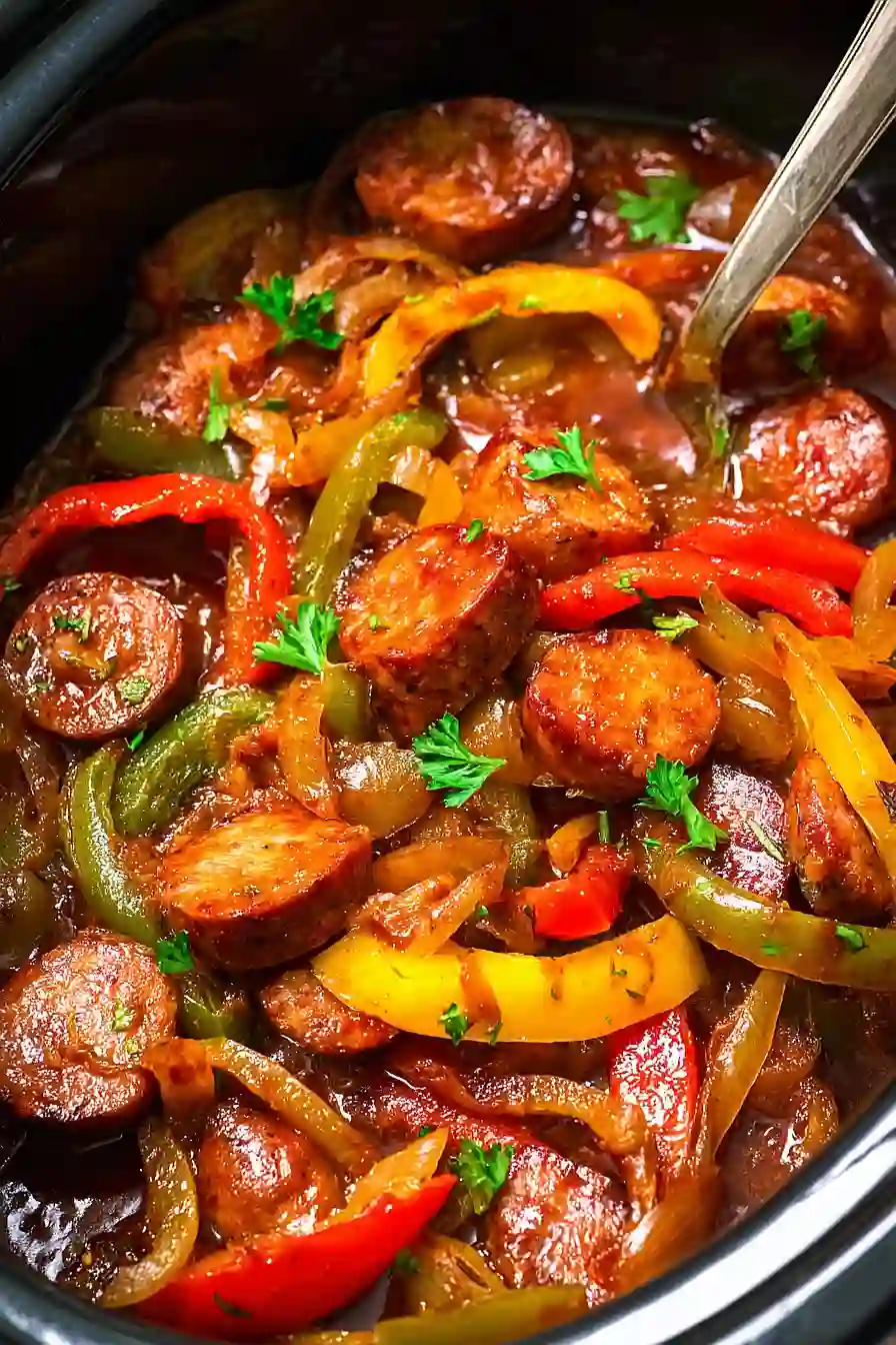 Crockpot Spiced Sausage with Bell Peppers and Onions