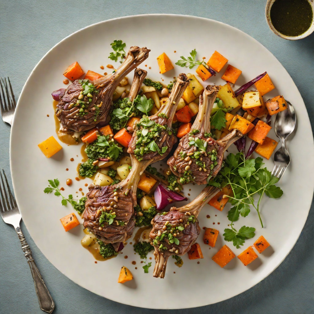 Slow-Cooked Lamb Shanks with Macadamia Nut Pesto and Roasted Root Vegetables