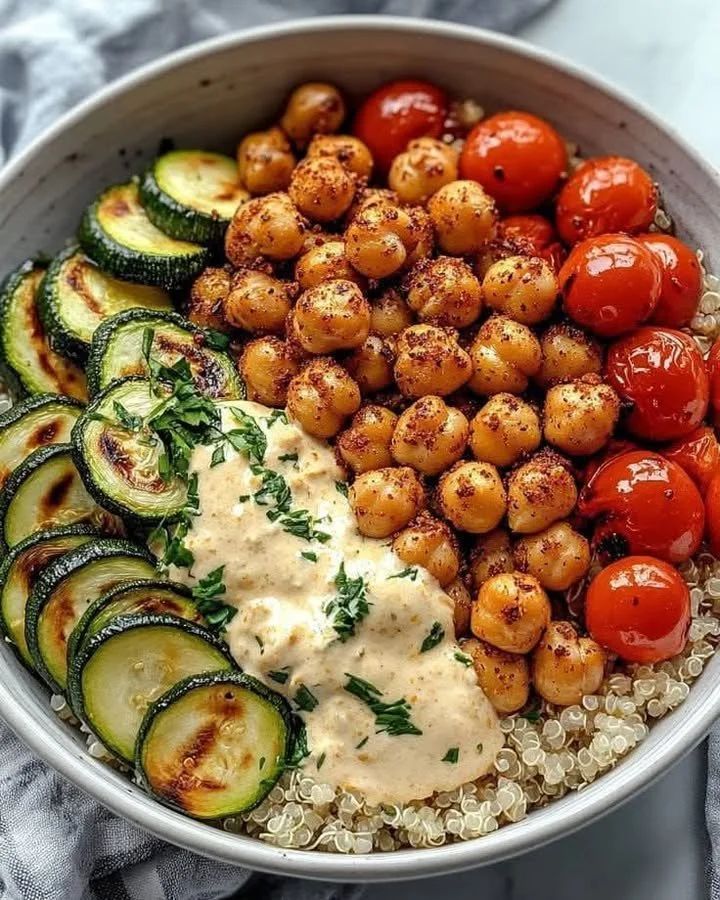 Oven-Roasted Chickpea and Vegetable Mediterranean Bowl