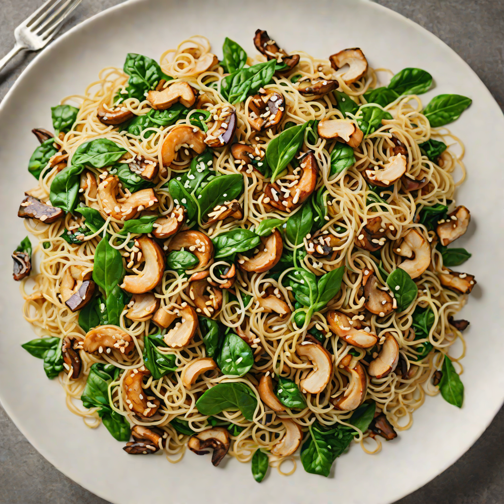 Stir-Fried Glass Noodles with Shiitake Mushrooms and Spinach