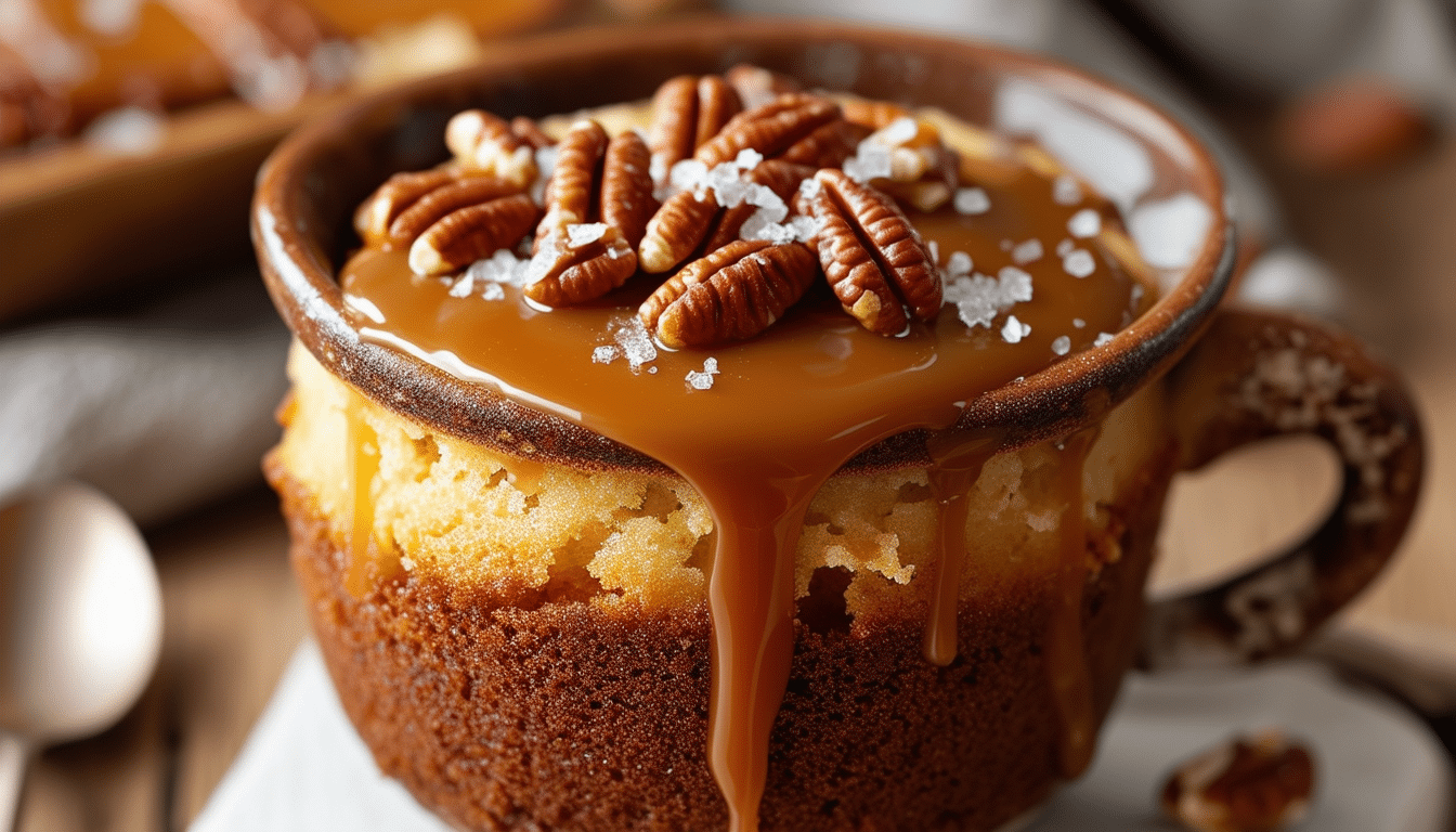 Three-Ingredient Chocolate Mug Cake with Salted Caramel Drizzle
