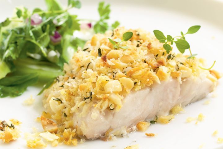 Barramundi with Macadamia-Crust and Wattleseed Aioli