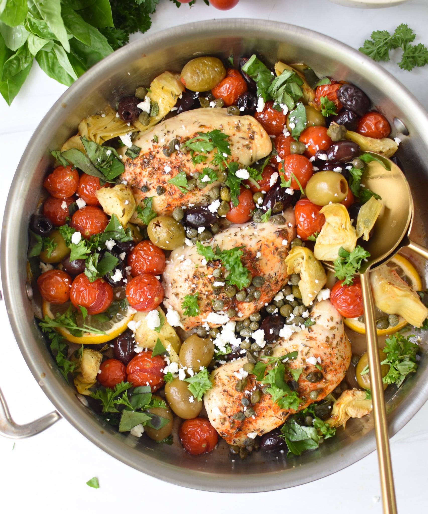 Mediterranean Chicken Skillet with Cherry Tomatoes and Olives