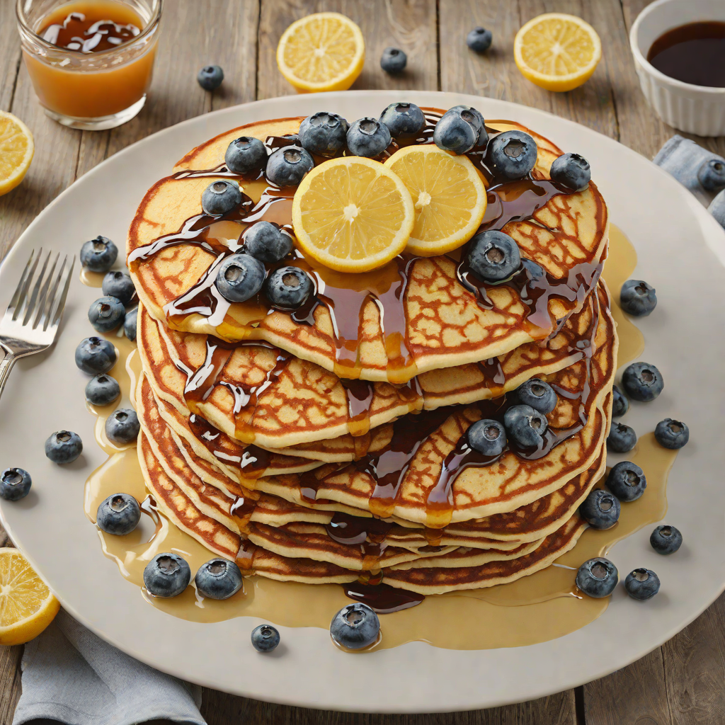 Blueberry-Lemon Pancakes with Maple Syrup Drizzle