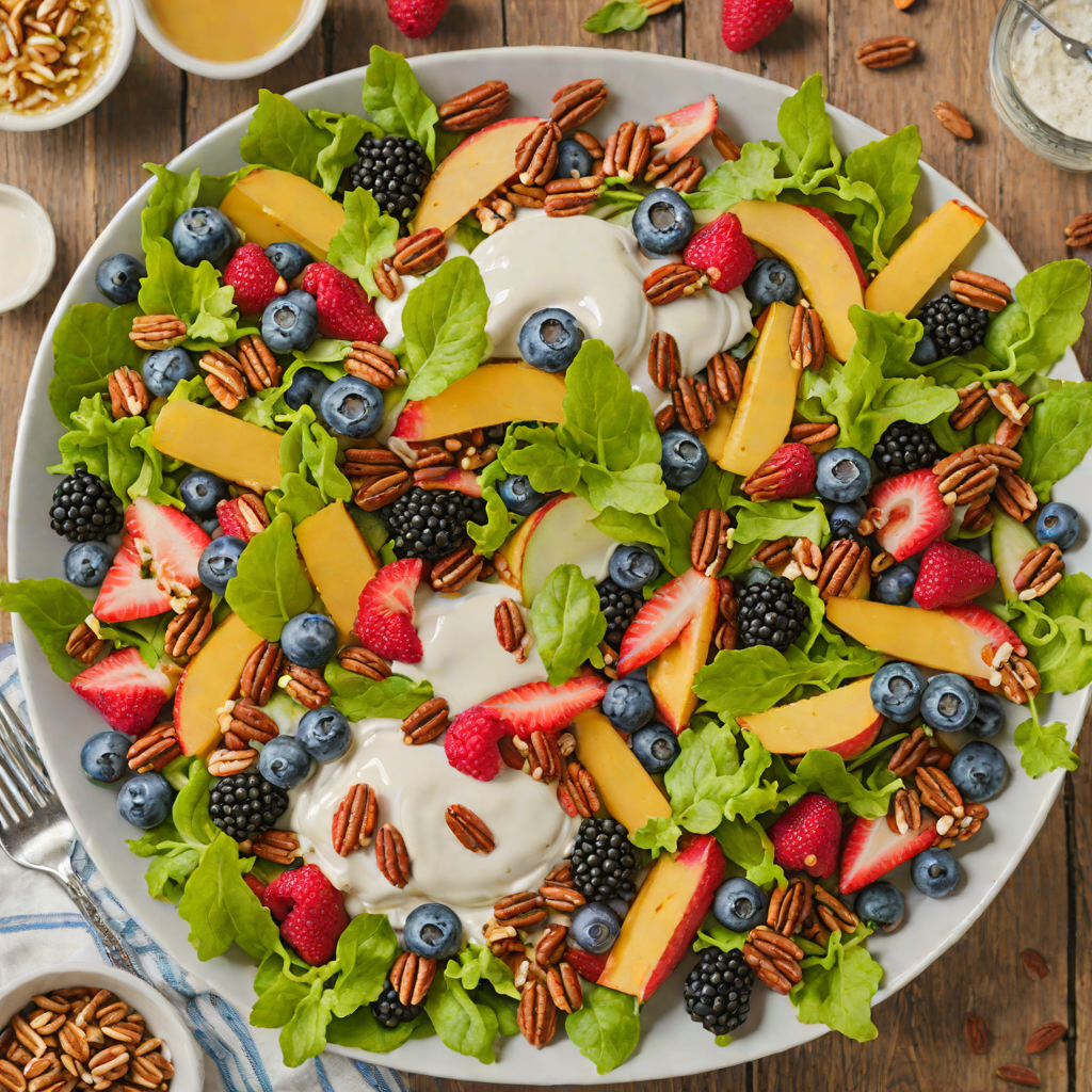 Rainbow Forest Fruit Salad with Toasted Pecans and Honey-Yogurt Dressing