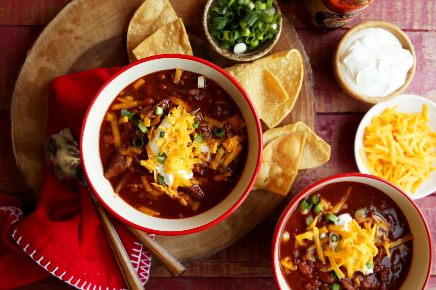 Super Bowl Chili with Aged Cheddar Topping