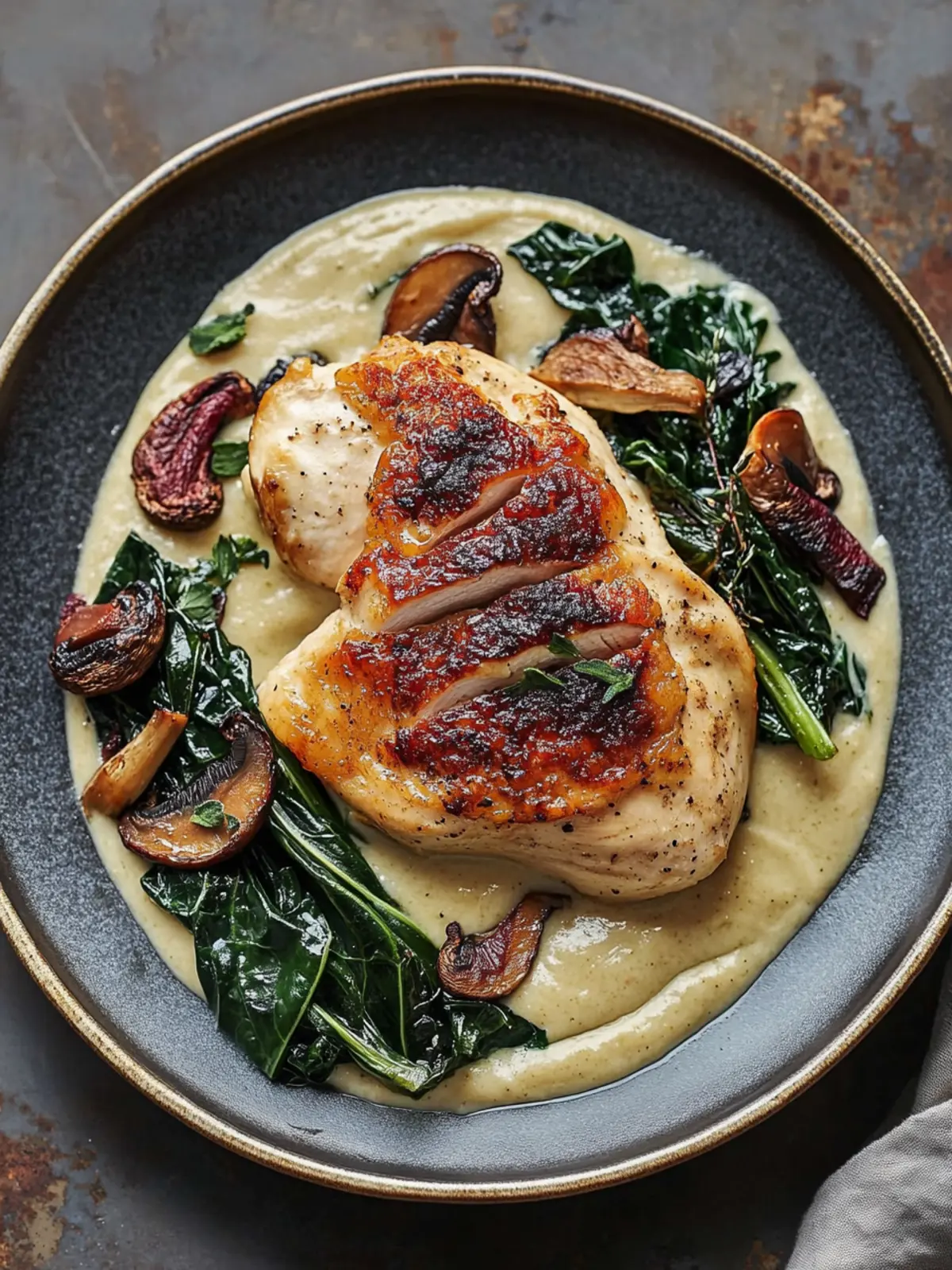 Pan-Roasted Chicken with Swiss Chard and Mushroom Purée
