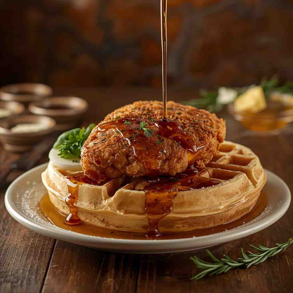 American Chicken and Waffles with Maple Syrup