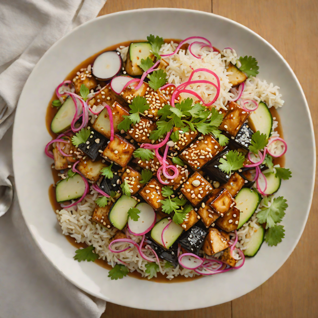 Sesame-Glazed Eggplant Donburi with Tofu and Pickled Radish