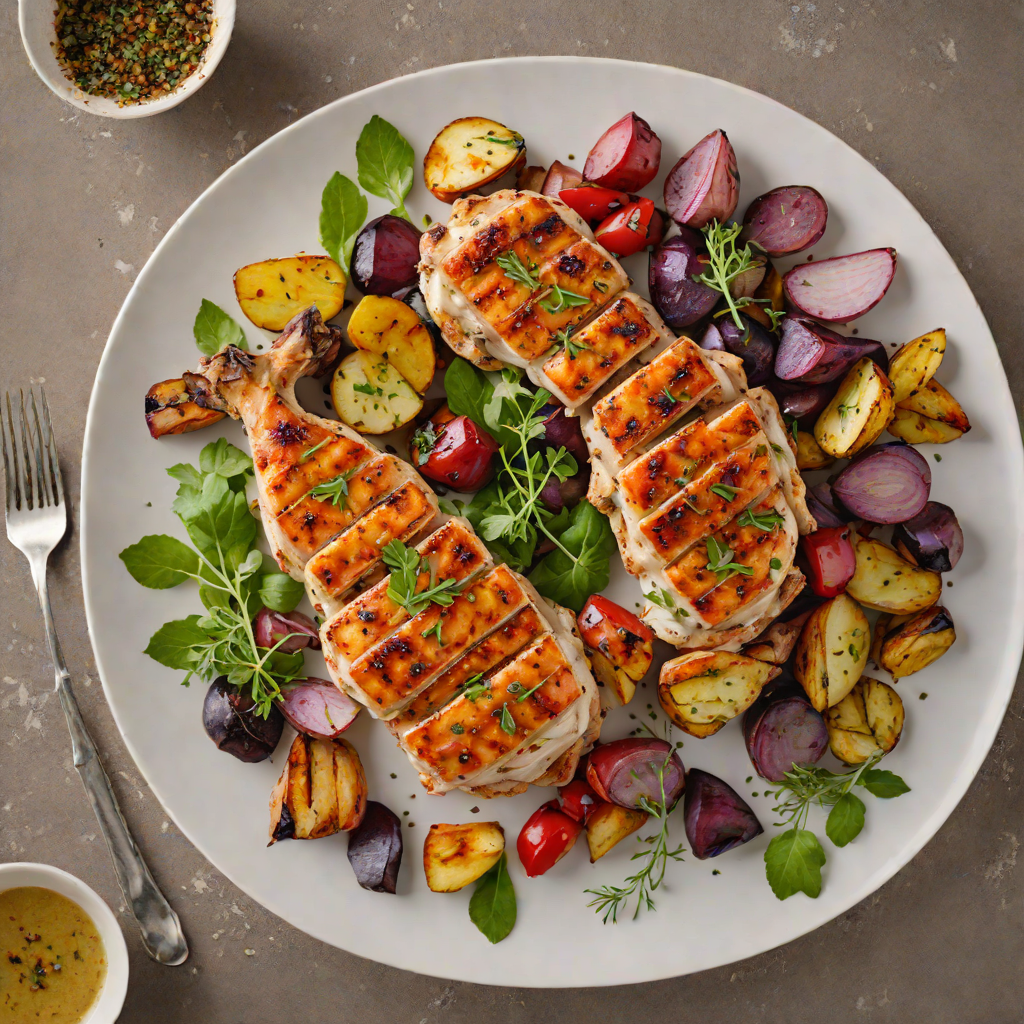 Grilled Herb-Marinated Chicken with Roasted Red and Blue Potato Medley