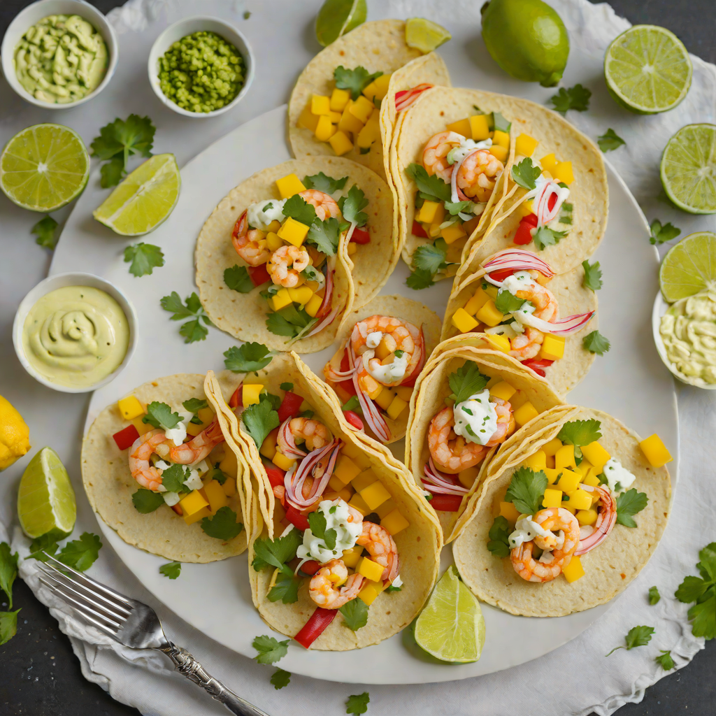 Sautéed Shrimp Tacos with Spicy Mango Salsa and Cilantro Lime Crema