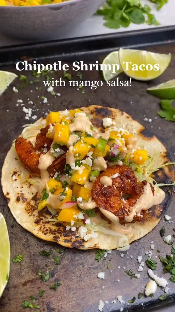 Sautéed Shrimp Tacos with Mango Salsa and Chipotle Crema