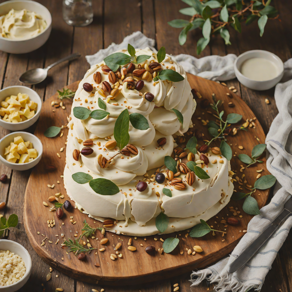 Eucalyptus-Infused Wattleseed Pavlova with Macadamia Cream