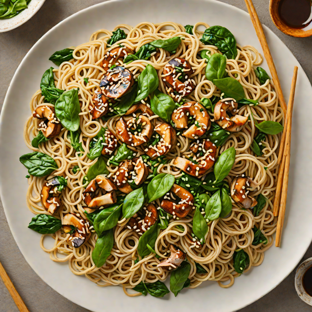Sautéed Shiitake and Spinach Udon Noodles with Ginger Soy Sauce