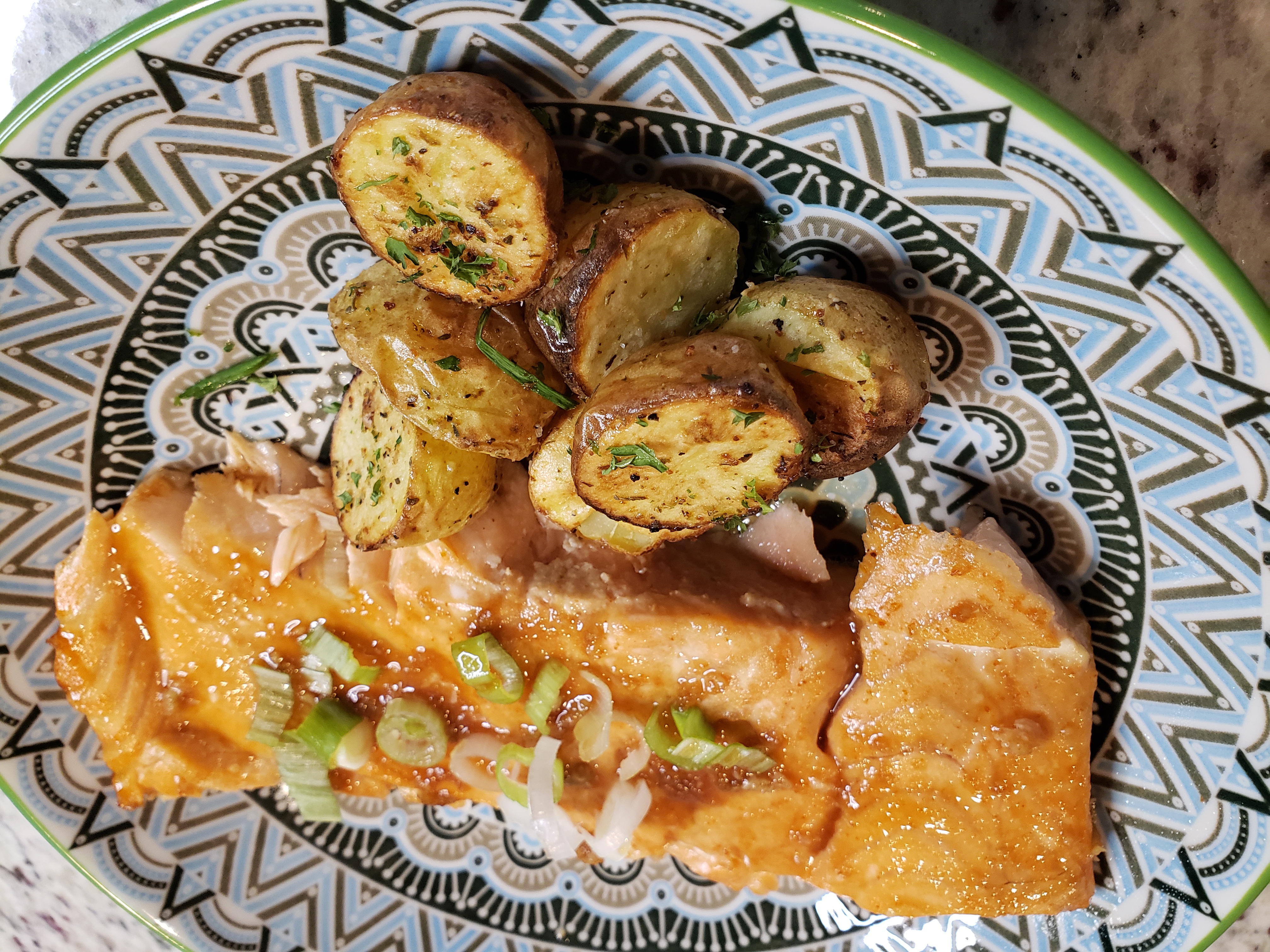 Honey-Sriracha Glazed Salmon with Roasted Sweet Potatoes