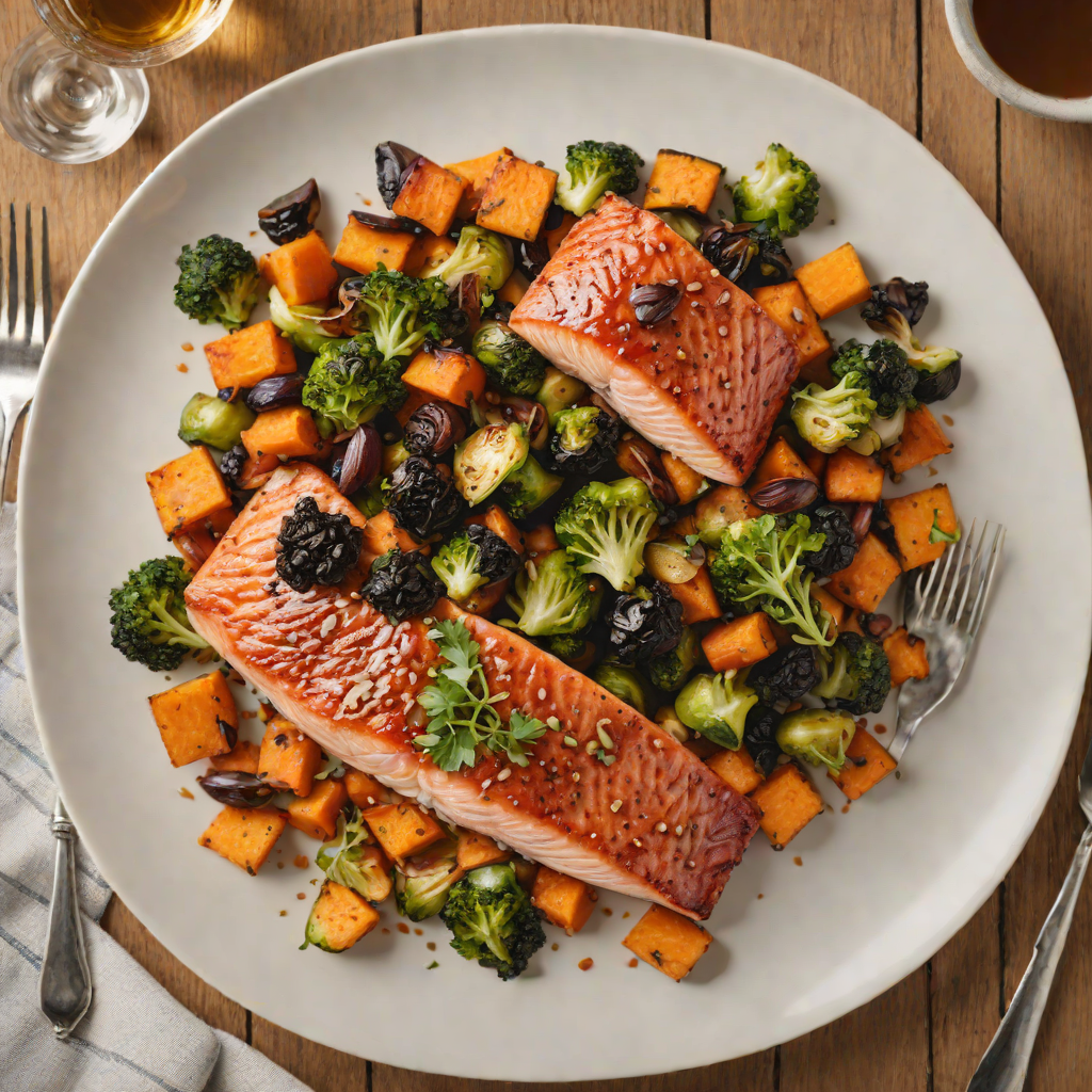 Maple-Glazed Salmon with Roasted Brussels Sprouts and Sweet Potato
