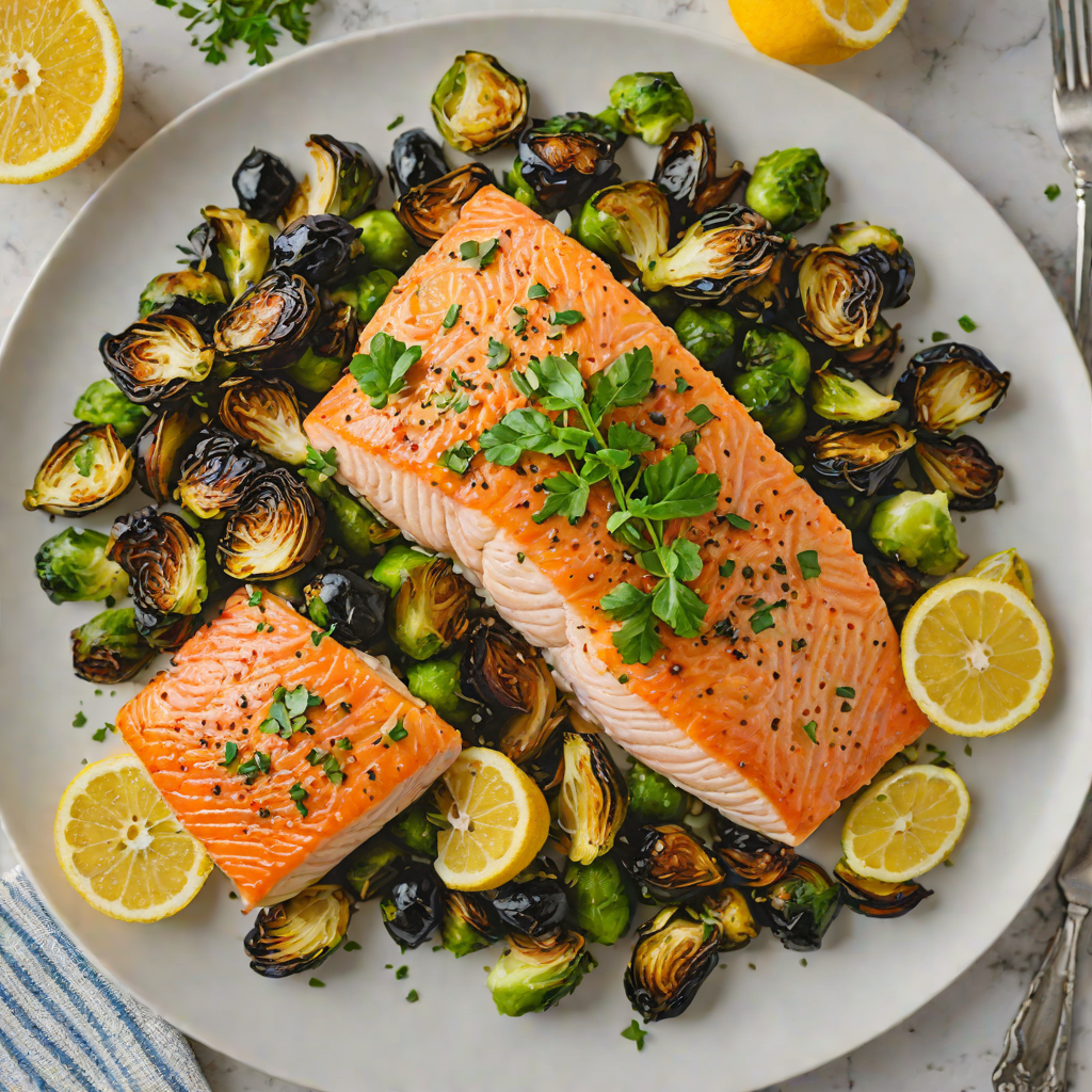 Baked Lemon-Garlic Butter Salmon with Roasted Brussels Sprouts