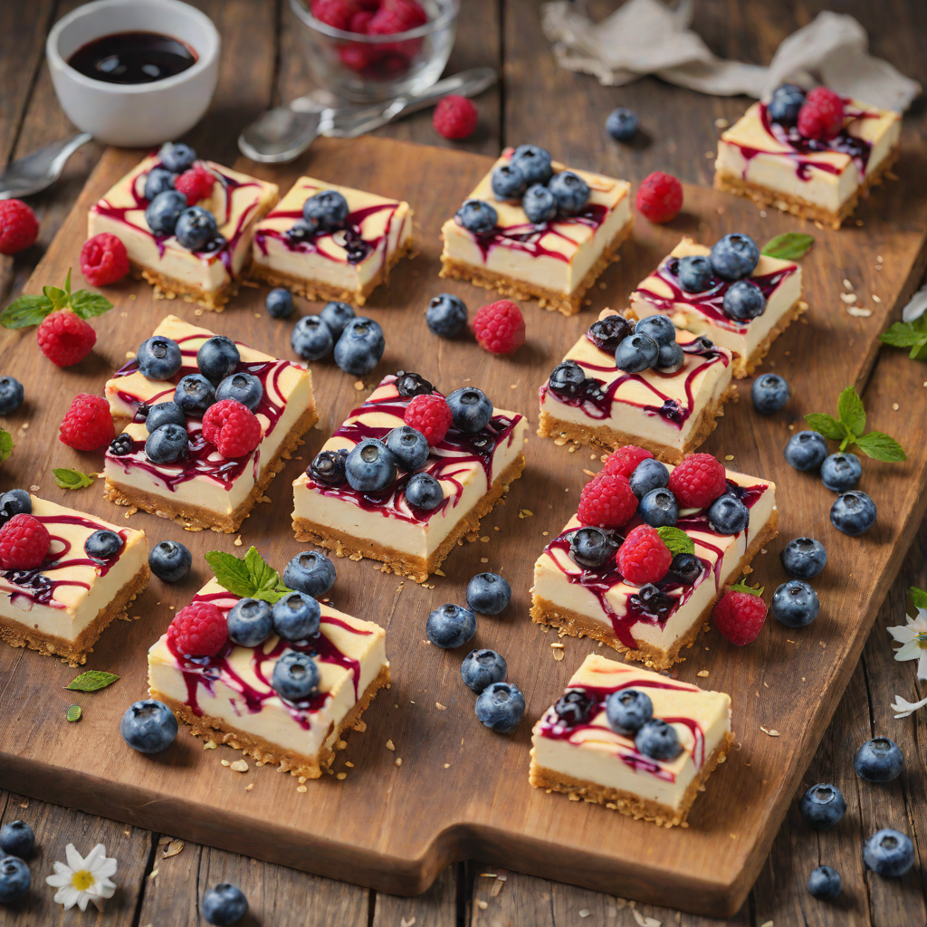 Blueberry Vanilla Cheesecake Bars with Red Raspberry Swirl
