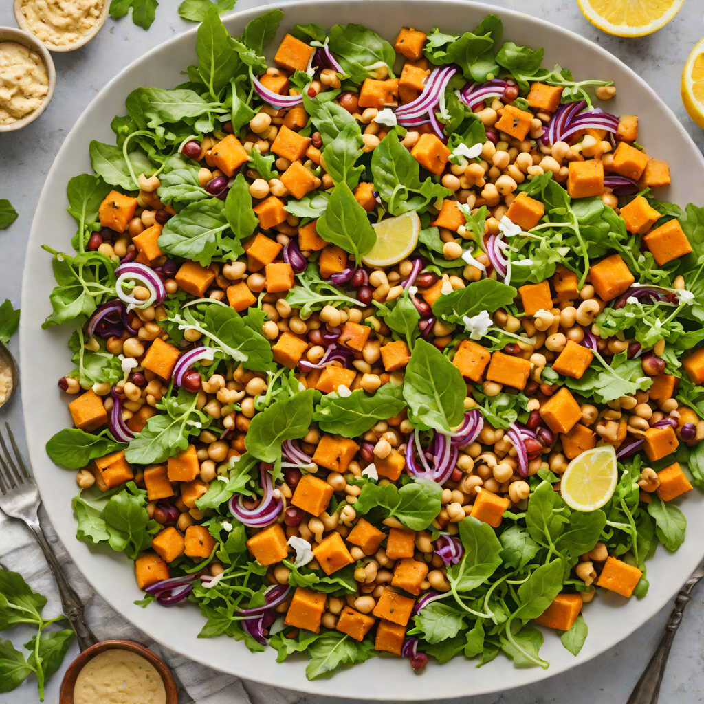 Oven-Roasted Chickpea and Sweet Potato Salad with Lemon-Tahini Dressing