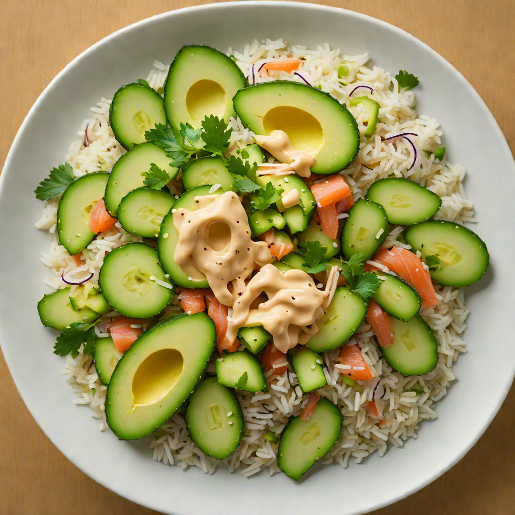 Sushi-Style Avocado and Cucumber Rice Bowl with Spicy Mayo